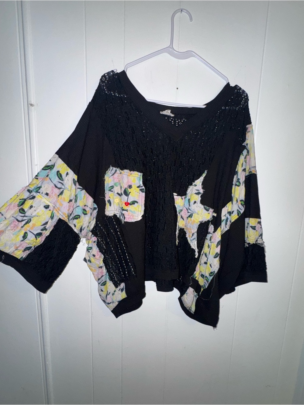 POL Black Knit Top with Pastel Floral Patchwork